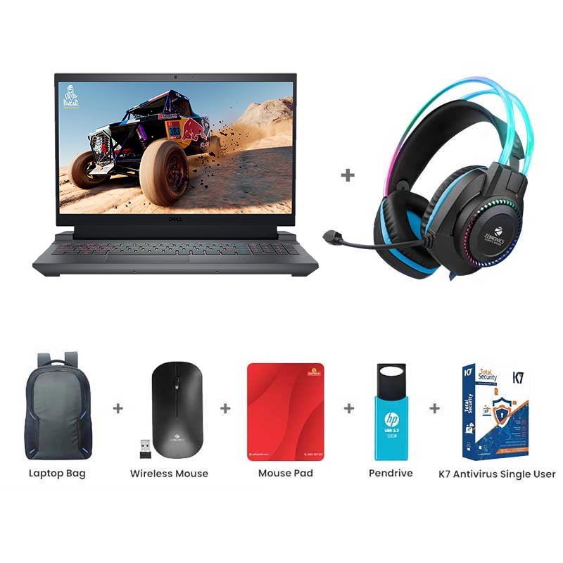 Picture of Dell G15 - 13th Gen Intel Core i5-13450HX 15" (38.10 cm) Gaming Laptop (16GB/ 512GB SSD/ Full HD Display/ NVIDIA GeForce RTX 3050 6GB GDDR6/ Windows 11 Home/ Office Home 2024/ 1 Year Warranty/ Dark Shadow Gray/ 2.81 kg) Zebronics Zeb-Jet Premium Gaming Headphone + Laptop Bag + Wireless Mouse + Mouse Pad + Pendrive + K7 Antivirus Single User